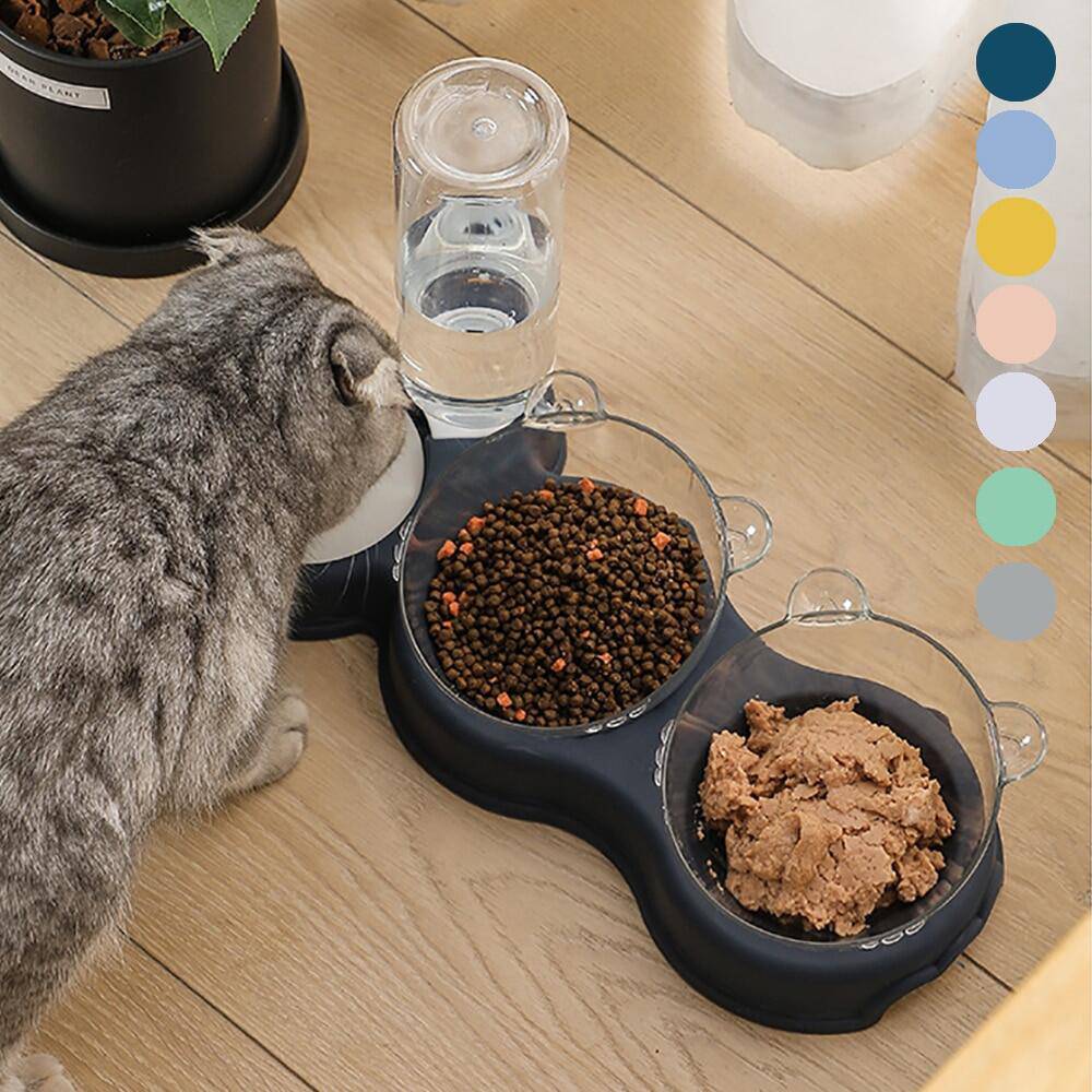 3 in 1 Pet Cat Shaped Food Water Bowl Cat Shaped World