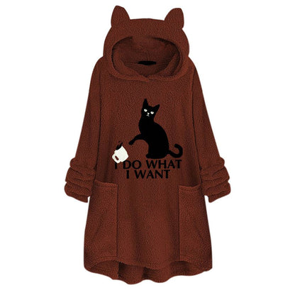 Hooded Pullover Cat Print Long Sleeved Reversible Velvet Sweater - Cat Shaped World - Cat Store